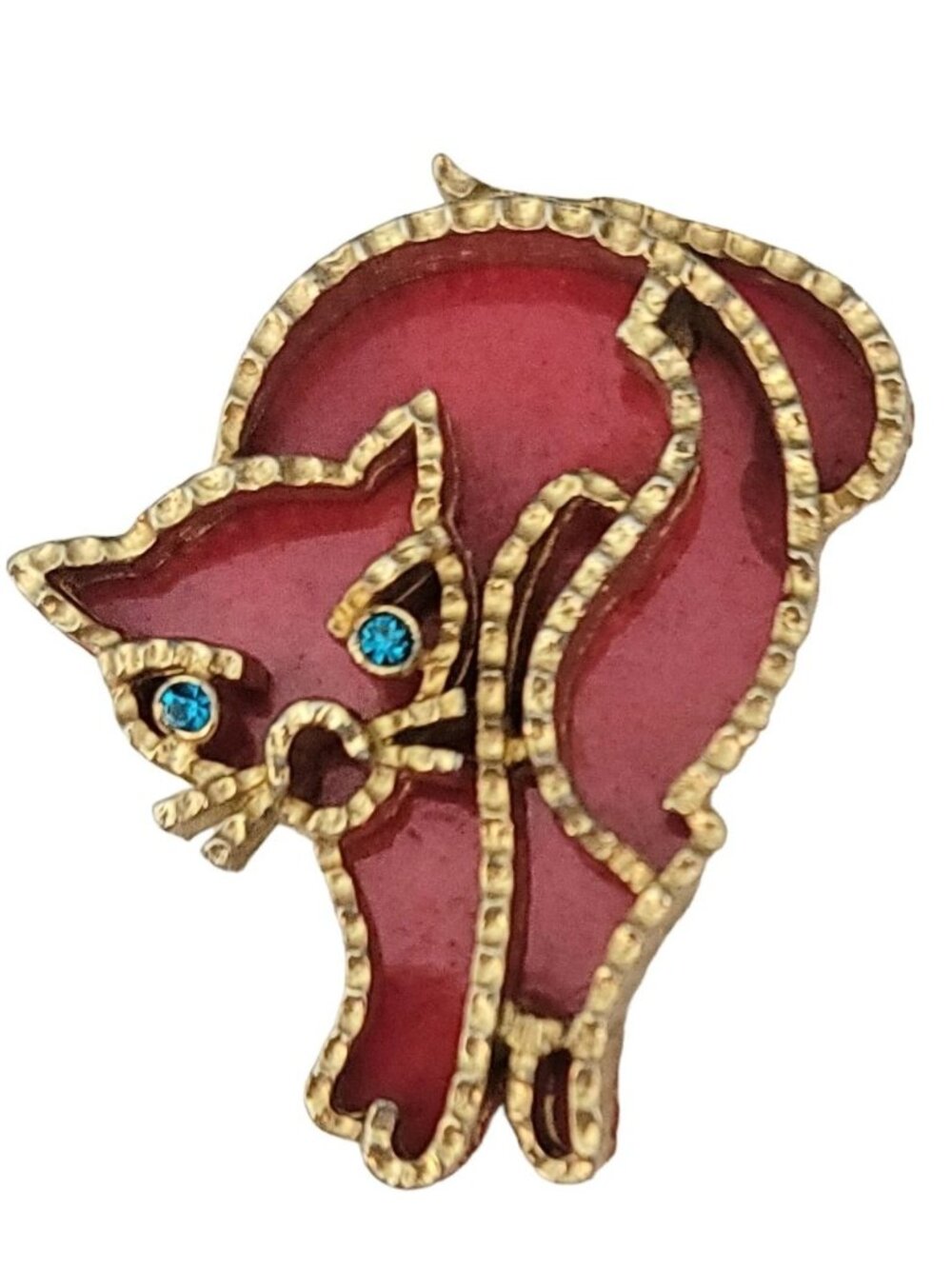 Coro Gold Tone Red Enamel Blue Rhinestone Modernist Cat Brooch Pin, Signed - Picture 10 of 10